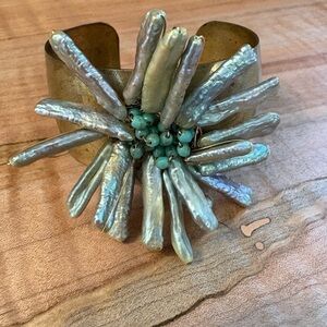 Unique Brass Cuff Bracelet with Freshwater Pearl and Turquoise Accents